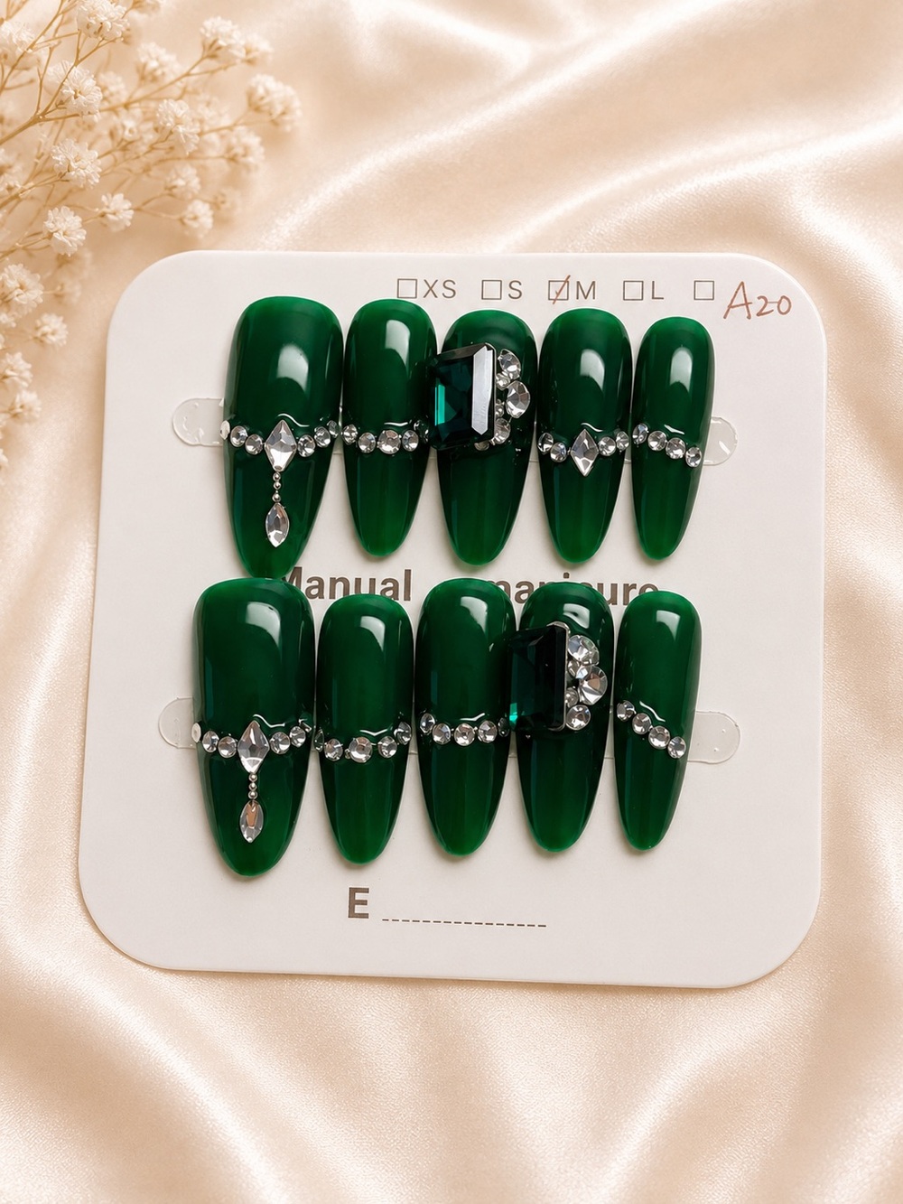 Emerald Green Crystal Accent Press-On Nails - size medium